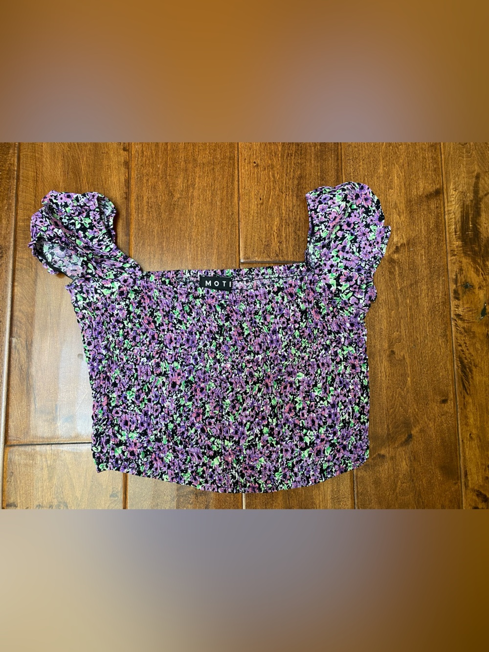 Motel Rocks Purple Floral Smocked Crop Top